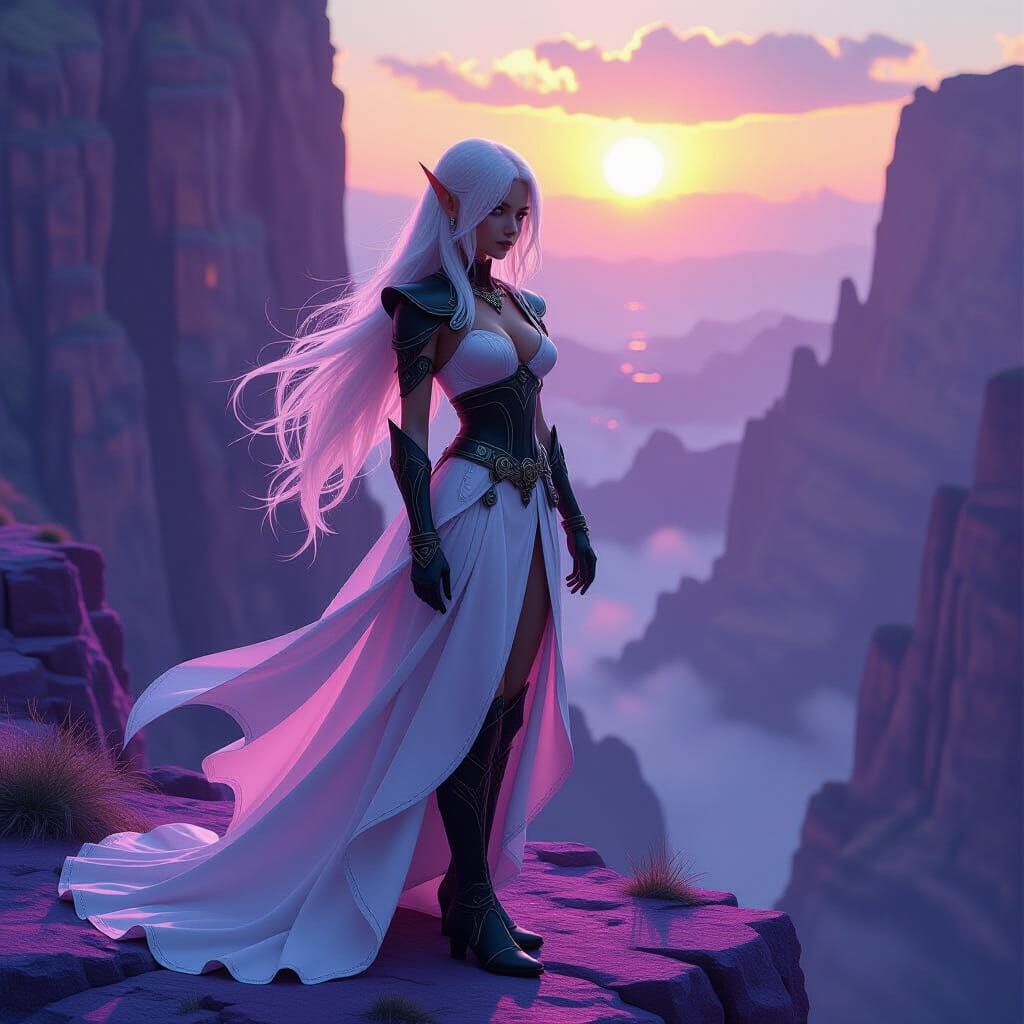Elf Girl on Purple Cliff in Dark Fantasy Style