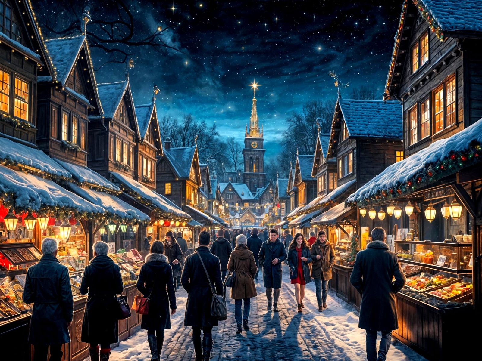 Magical Nocturnal Christmas Market Scene in Vibrant Oil Pain...