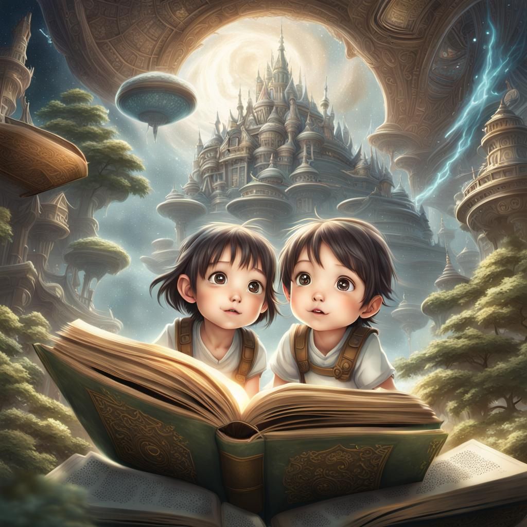 Whimsical Children Discover a Magical Storybook in Cyberpunk...