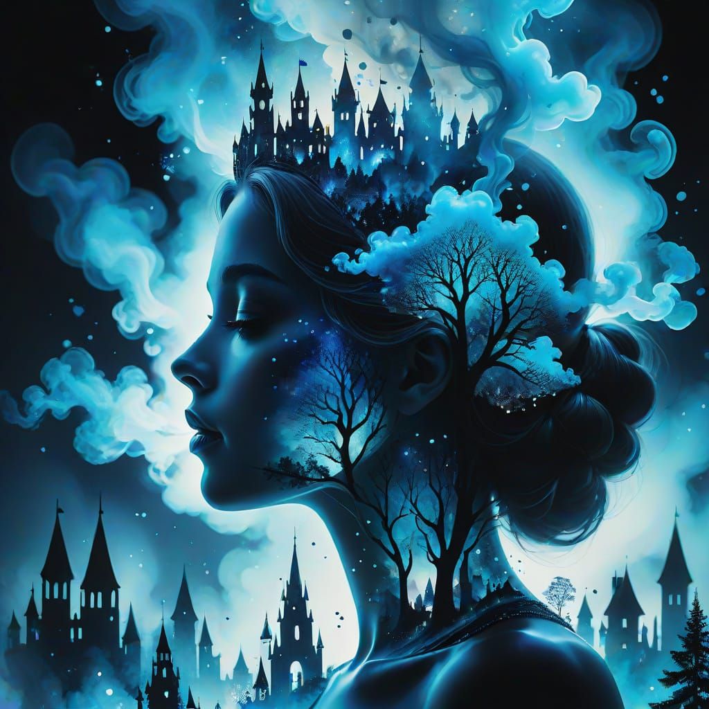 Surreal Galaxy Princess Silhouette with Bioluminescent Smoke