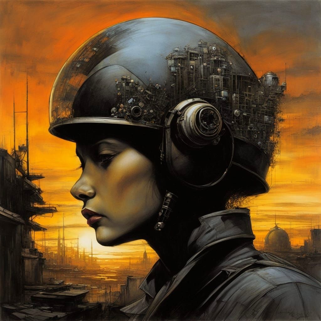 Dystopian Sunset with Marygold Flower in Charcoal Retrofutur...