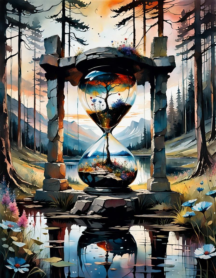 Surreal Prehistoric Landscape with Gigantic Hourglass at Sun...