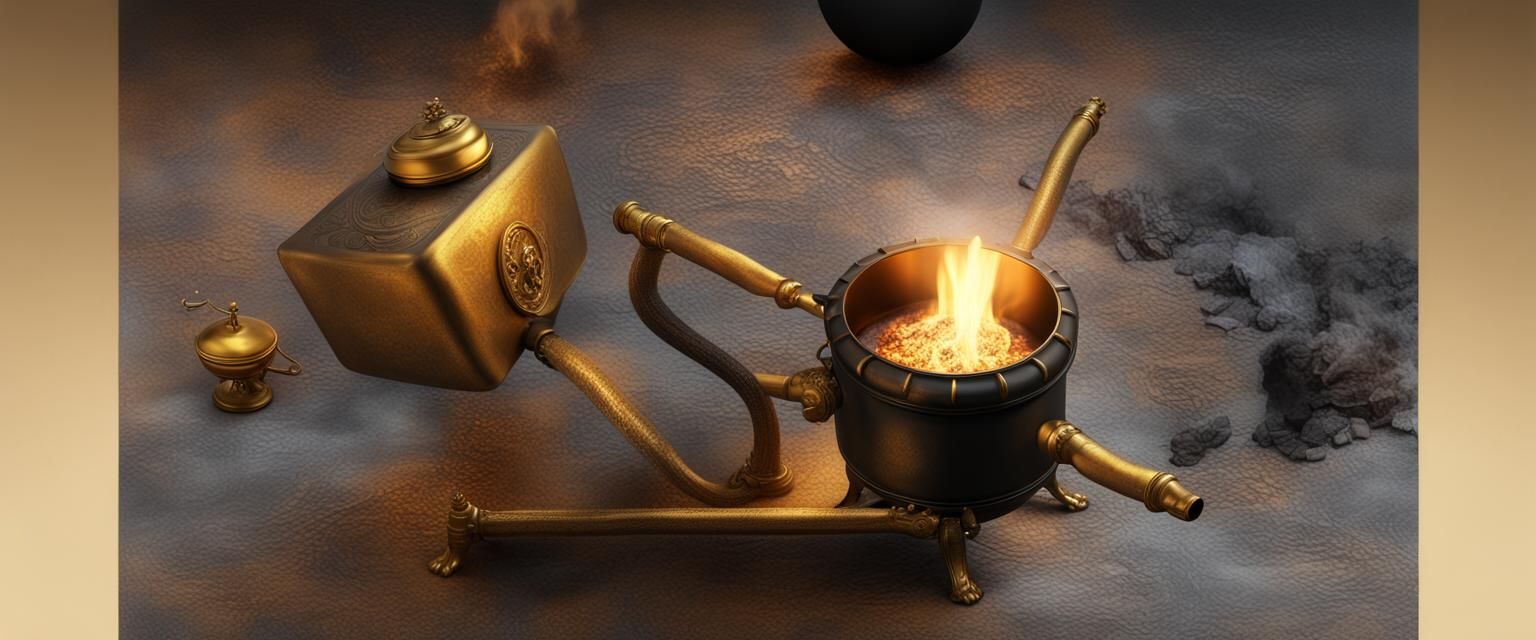 Golden Stove Beside Ornate Box in Creamy Dreamlike Scene