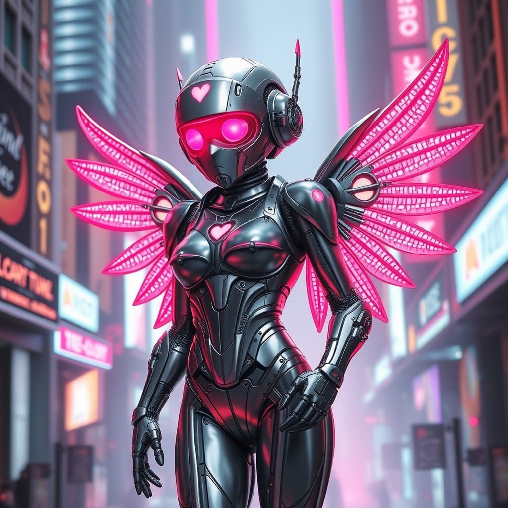 Cyborg Cupid in Neon Cityscape, Biomechanical Art