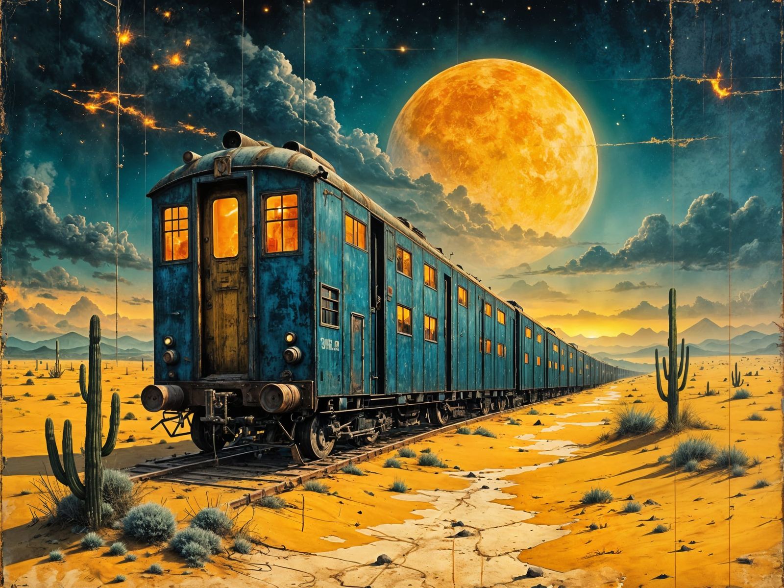Surreal Desert Train Under Blood Moon