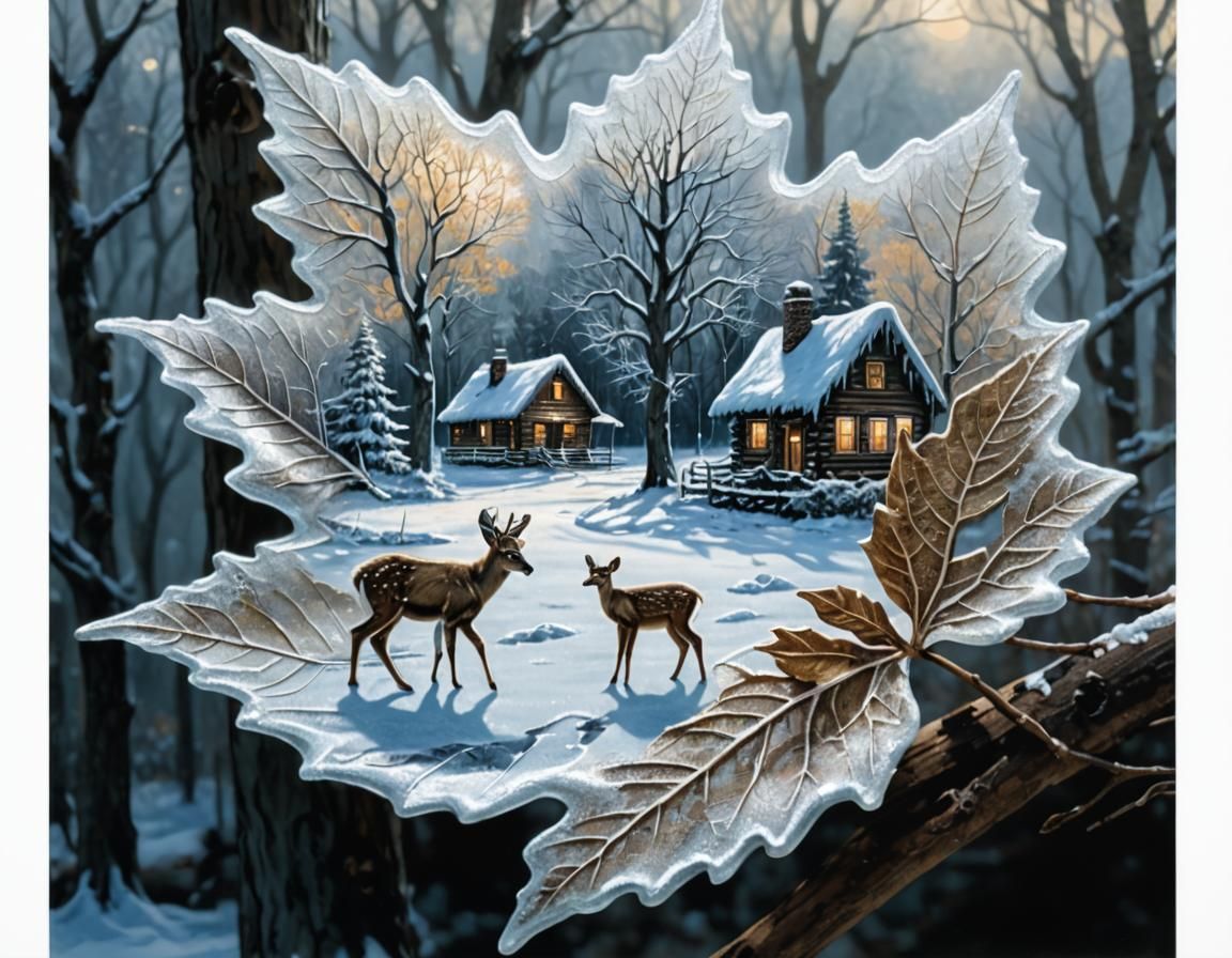 Surreal Winter Wonderland Scene with Grazing Deer and Cozy C...