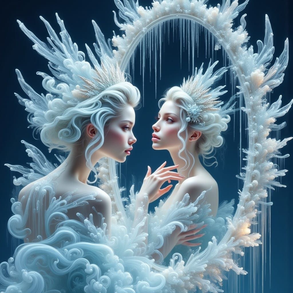 Ethereal Snow Queen Reflected in Frozen Glass