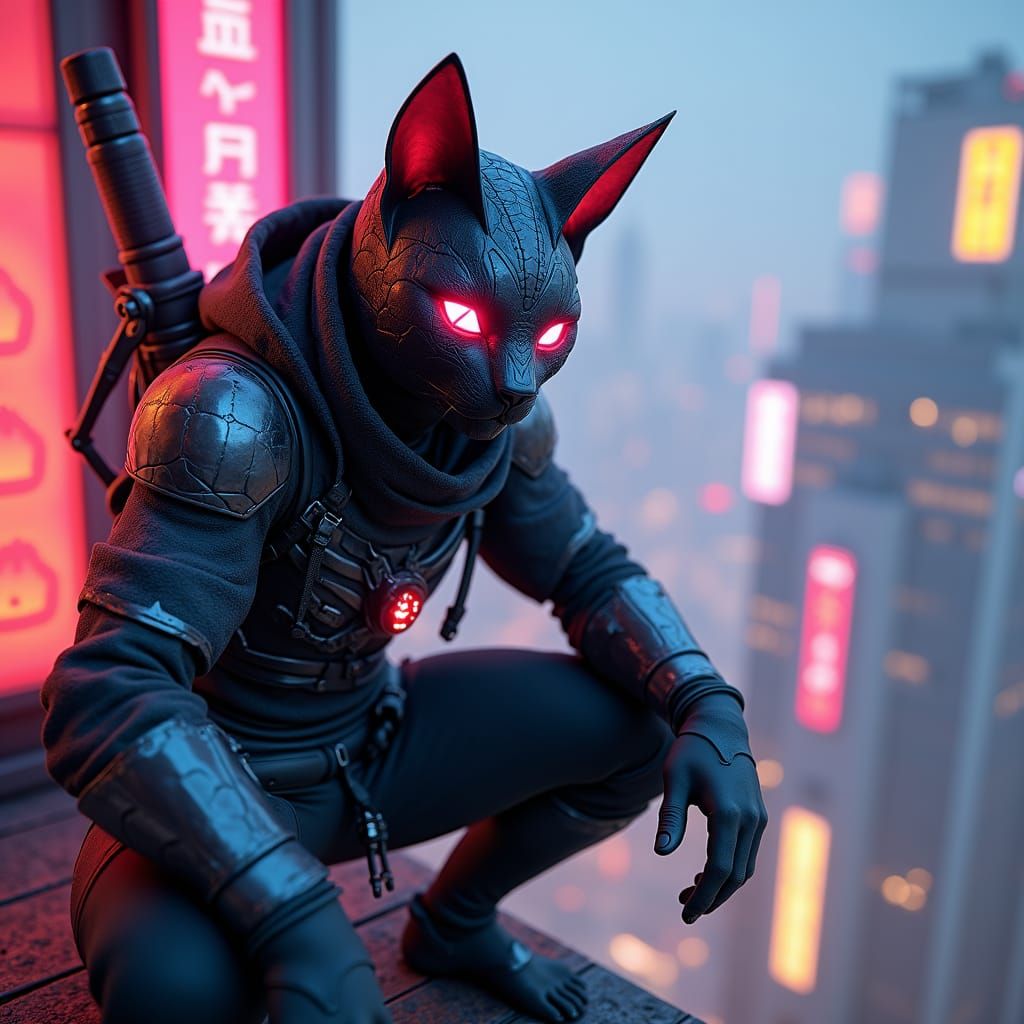 Sleek Ninja Cat Stands Guard on Tokyo Skyscrapers