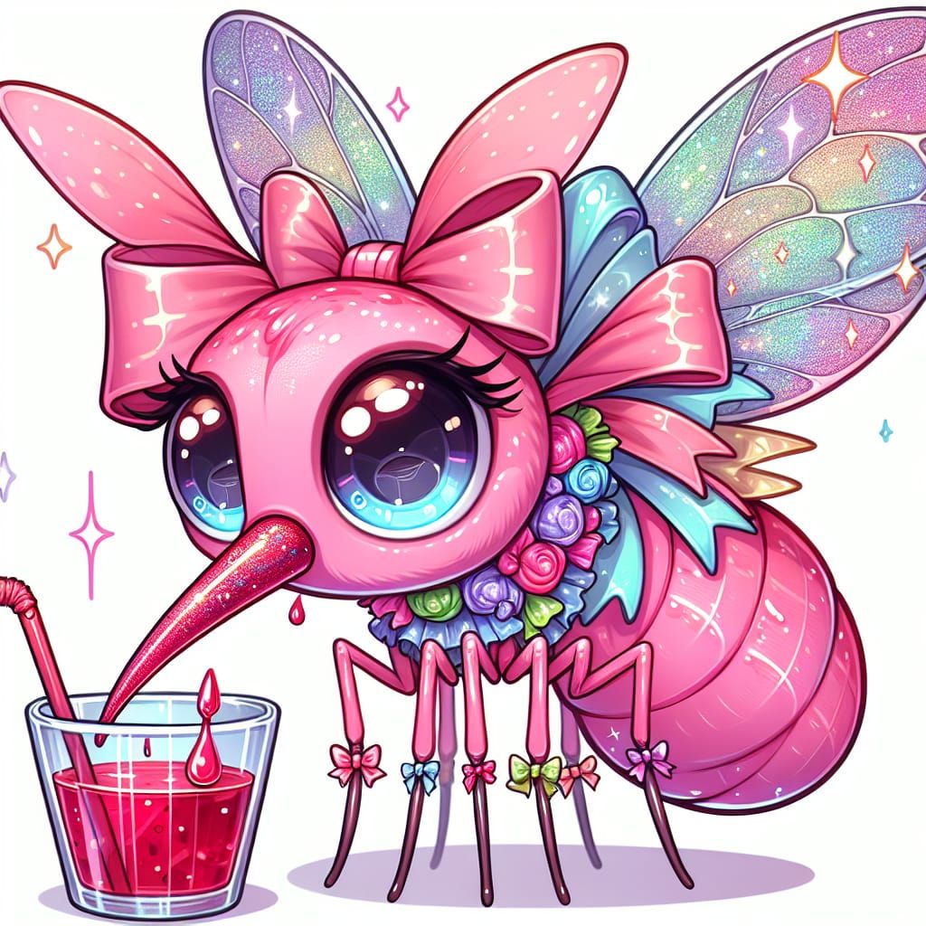 Chibi Pink Mosquito with Sparkling Wings and Red Juice