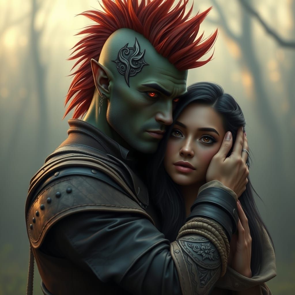 Mysterious Dunmer Elf Embracing His Rogue Human Lover in a S...