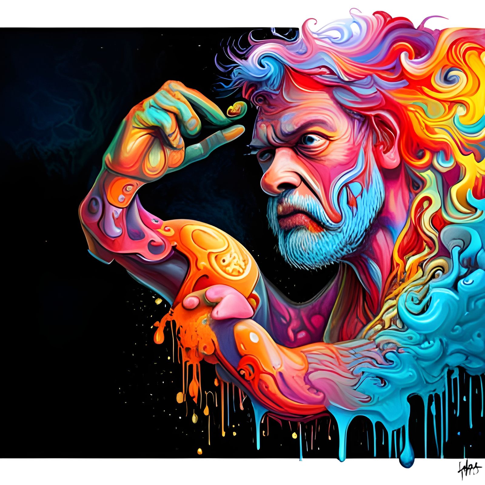 Primitive Hunter Embracing Digital Future in Vibrant Street...