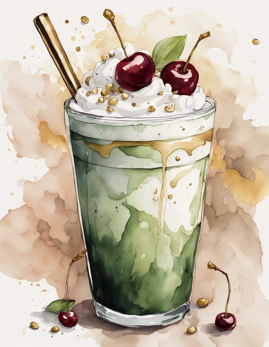 Whimsical Watercolor Iced Latte with Cherry Cold Foam