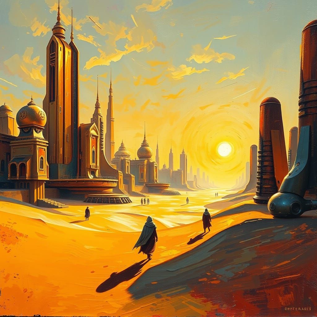 Golden Desert City with Anti-Gravity, Impasto Painting