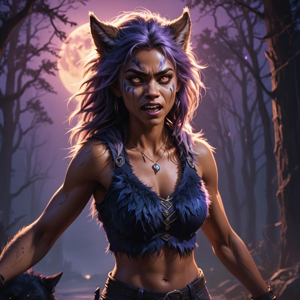 Fierce Fantasy Werewolf Goddess with Vibrant Fur and Glowing...