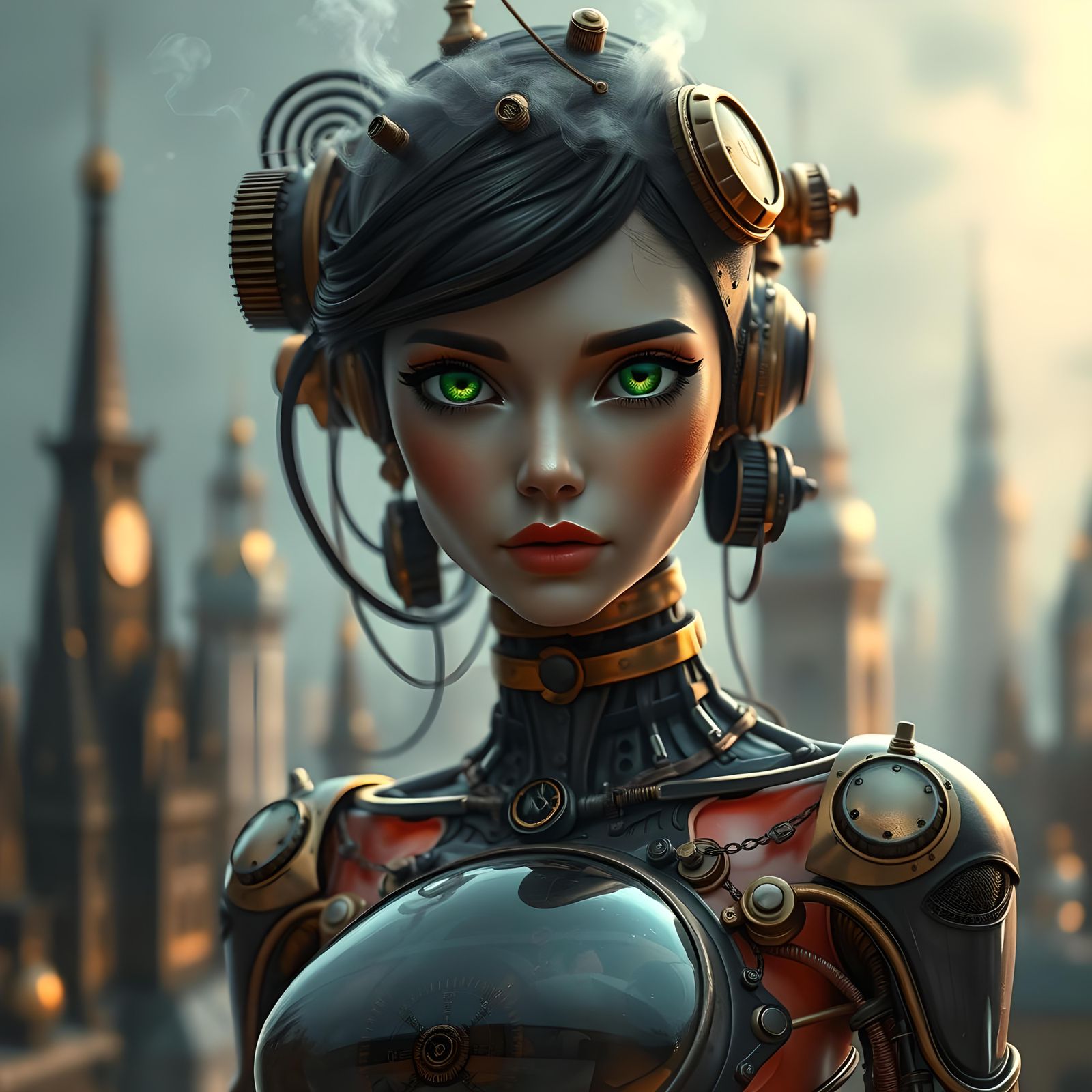 Steam Powered Cyborg Goddess in Industrial Metropolis