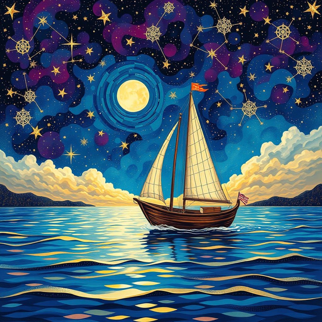 Moonlit Sailing Boat Under Starry Skies
