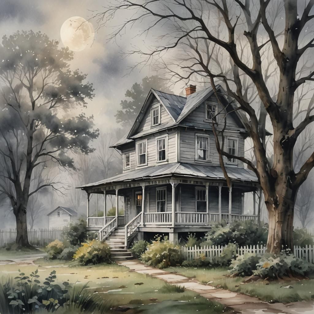 Watercolor Portrait of a Serene Old Wooden House