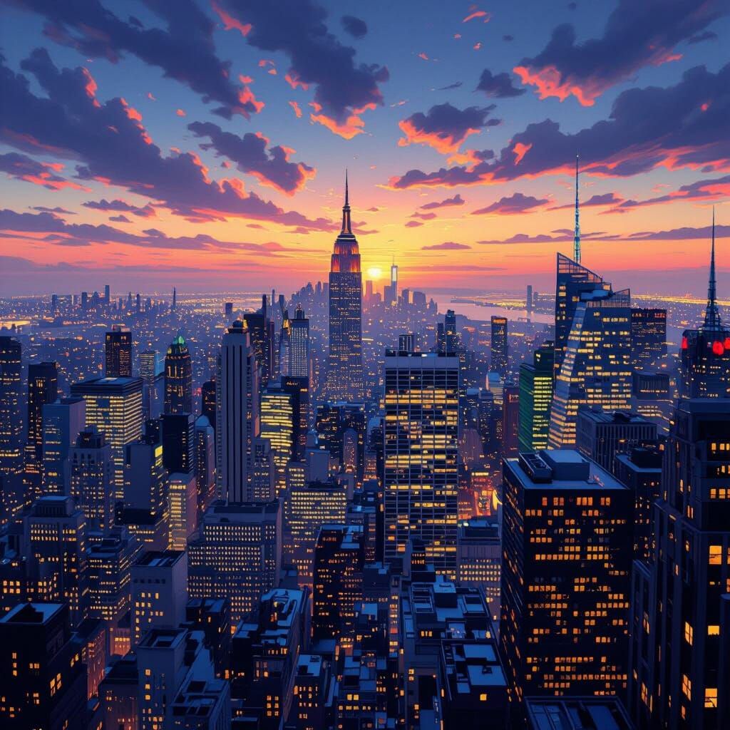Bustling Metropolis at Dusk Hyper-Detailed Illustration