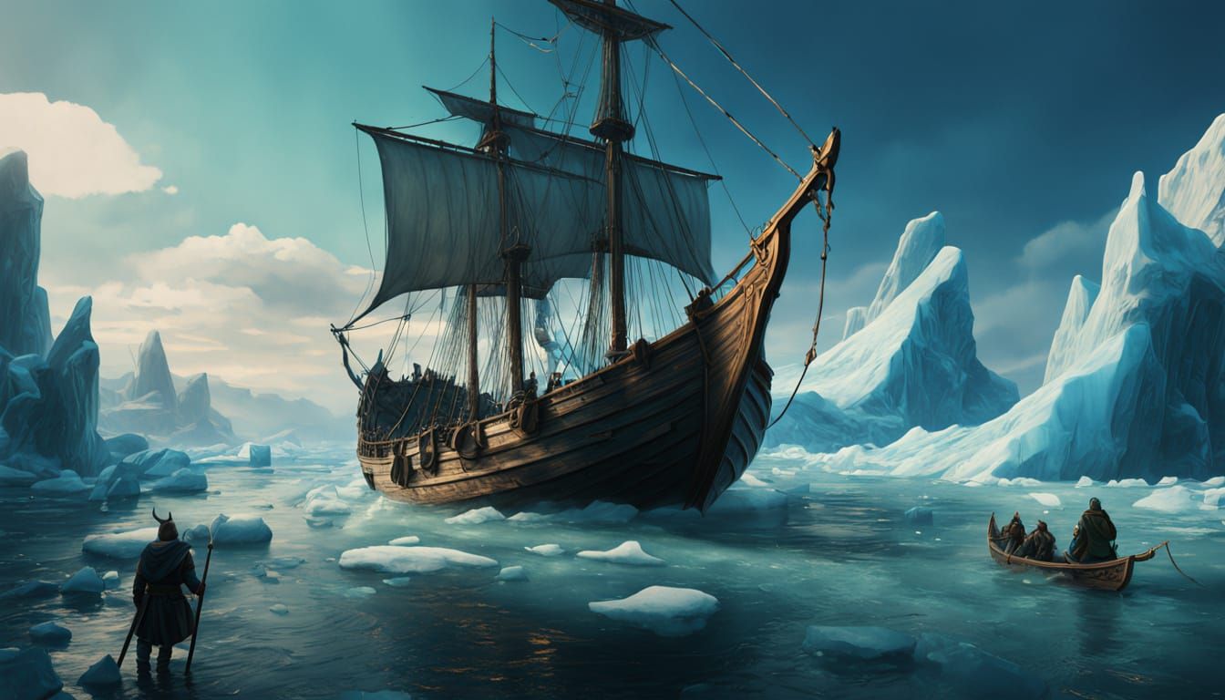 Viking Family Sailing Icy Waters in Oil Painting Style