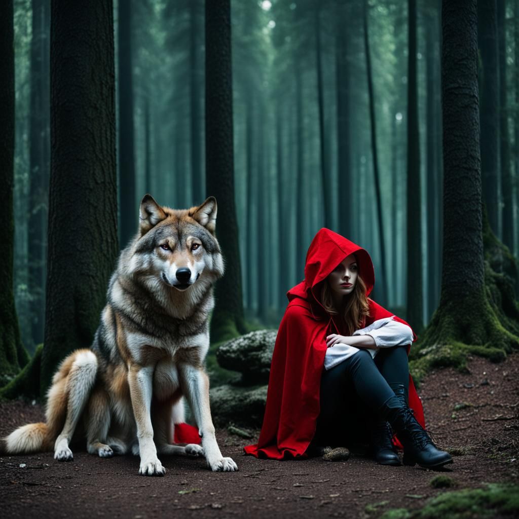 A young woman, little Red Riding Hood sitting next to a wolf in the forest