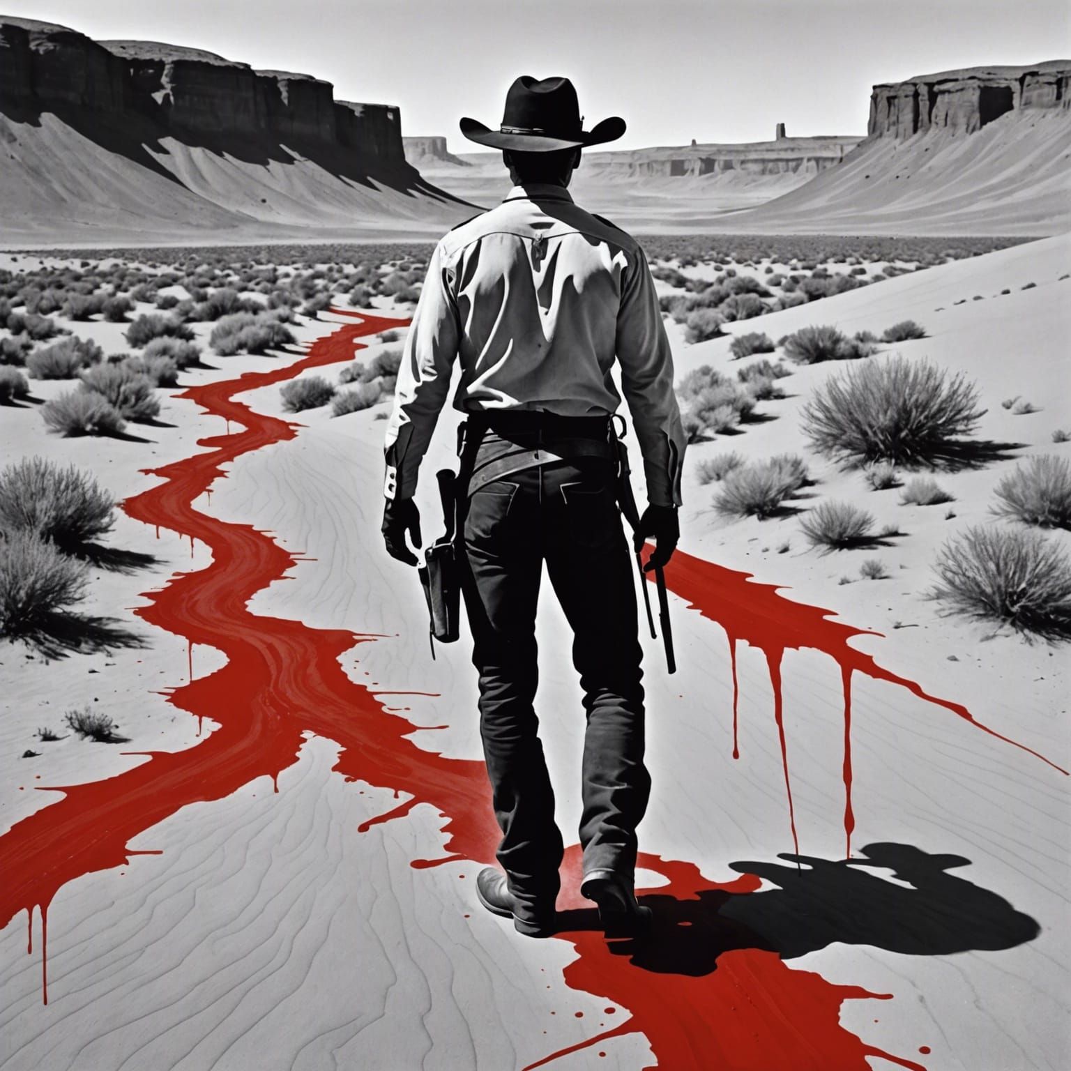 Cowboy in a Desert Landscape, Ink Painting in Minimalist Sty...