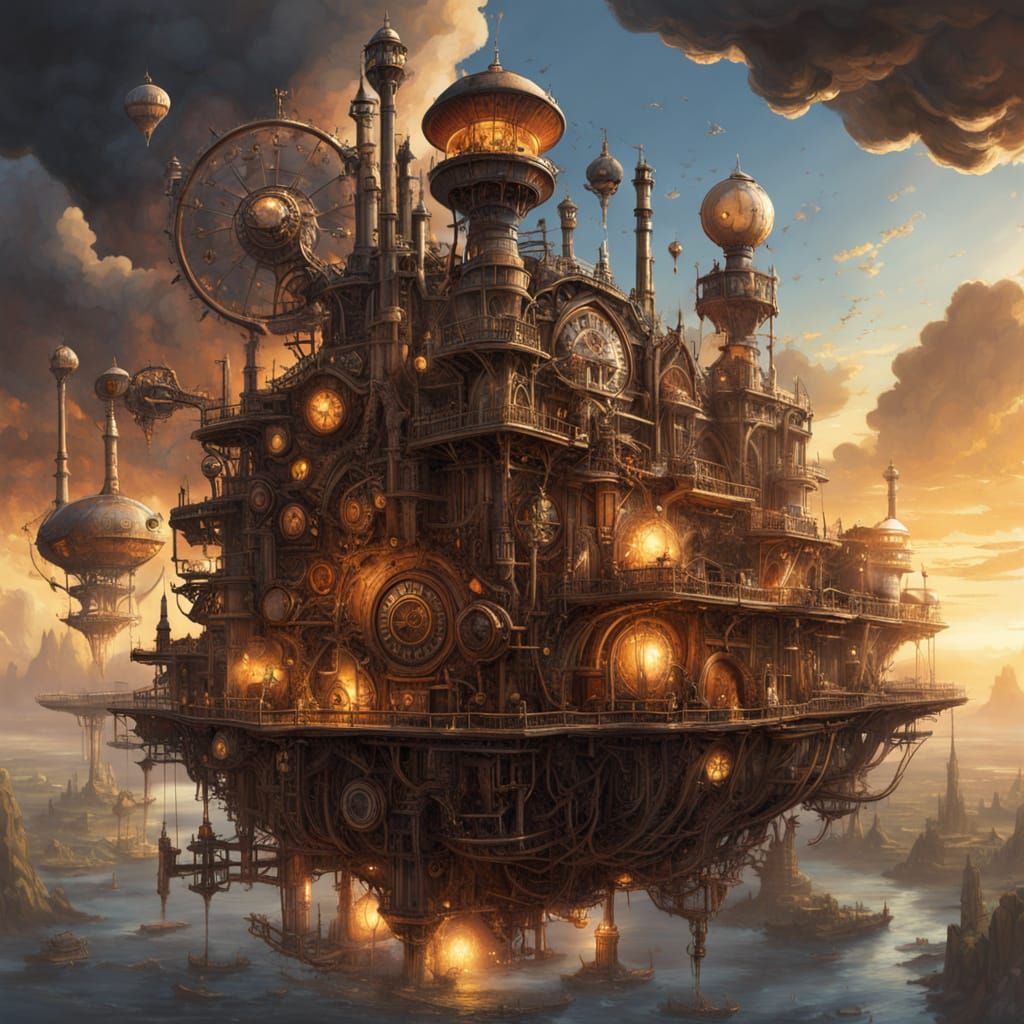 Steampunk Floating Island with Gears and Turbines