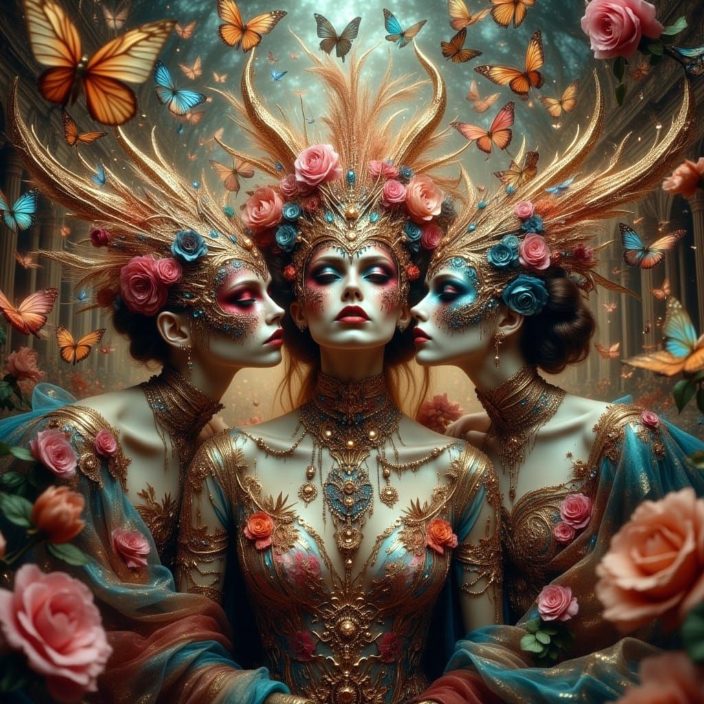 Masquerade Queens in Caelondria: Dreamlike Digital Art