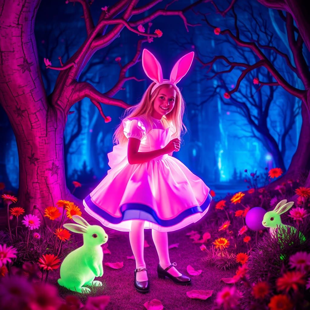 Alice in a Glowing Neon Dreamscape
