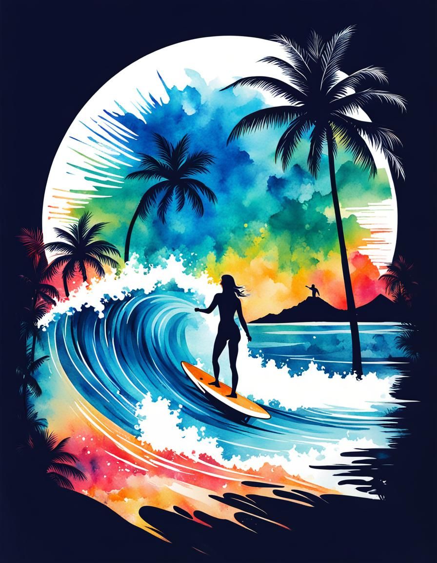 Vibrant Tropical Surfing Scene in Water Colour Style