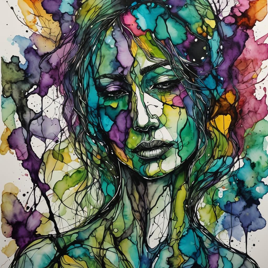Introspective Portrait in Vibrant Alcohol Ink