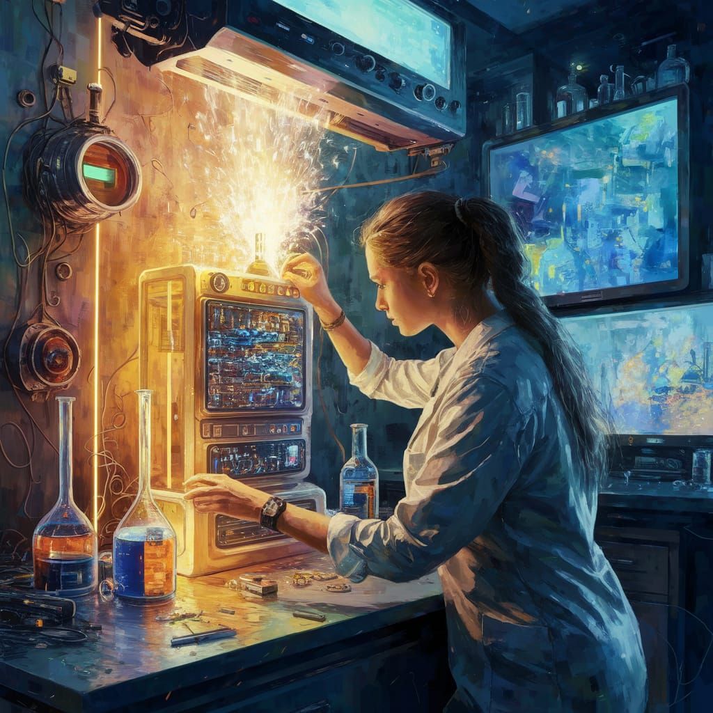 : A lone inventor in a futuristic laboratory, surrounded by ...