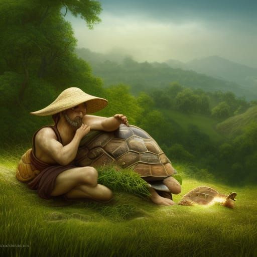 Hermit Travels on Giant Tortoise in Mystical Landscape