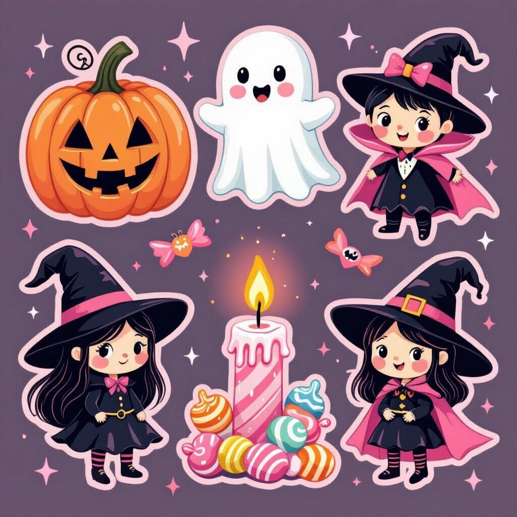 Pastel Pink Halloween Stickers Inspired by Whimsical Art