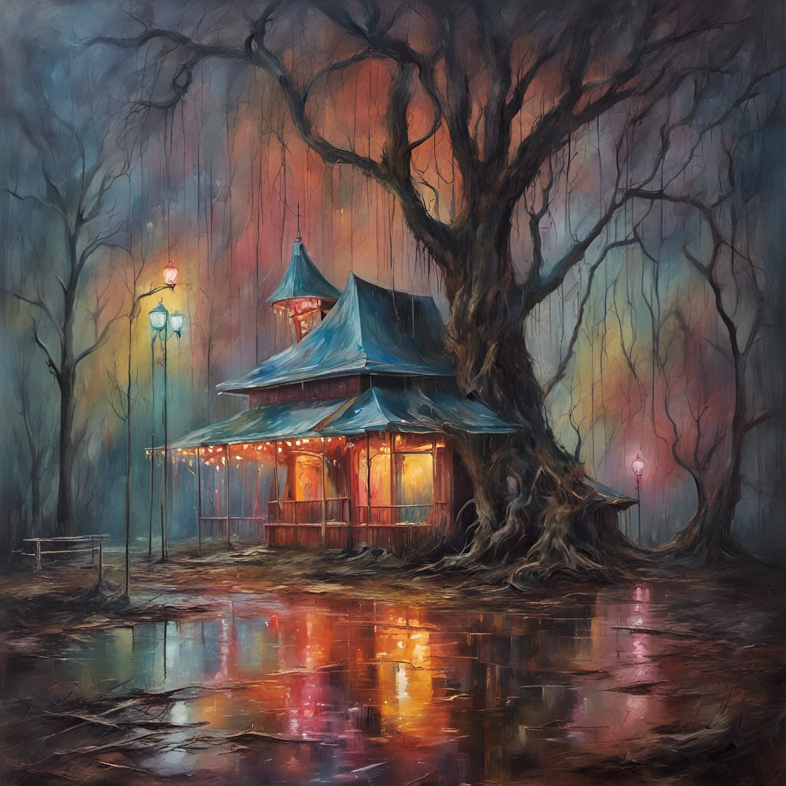 An abandoned old amusement park in the rain