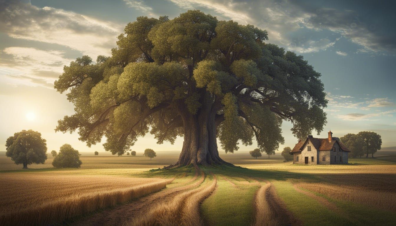 Epic Medieval Oak Tree Amidst a Wheat Field with a Farm Hous...