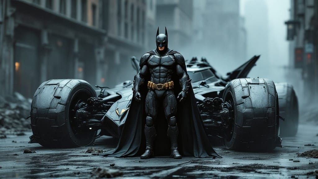 Dark Steel Cyberpunk Batman in Front of Battle-Worn Batmobil...
