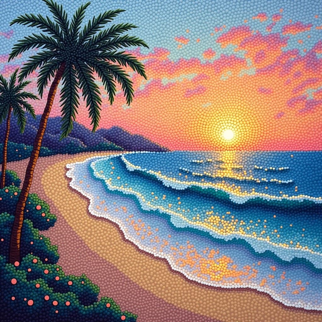 Pointillist Sunset Beach Scene