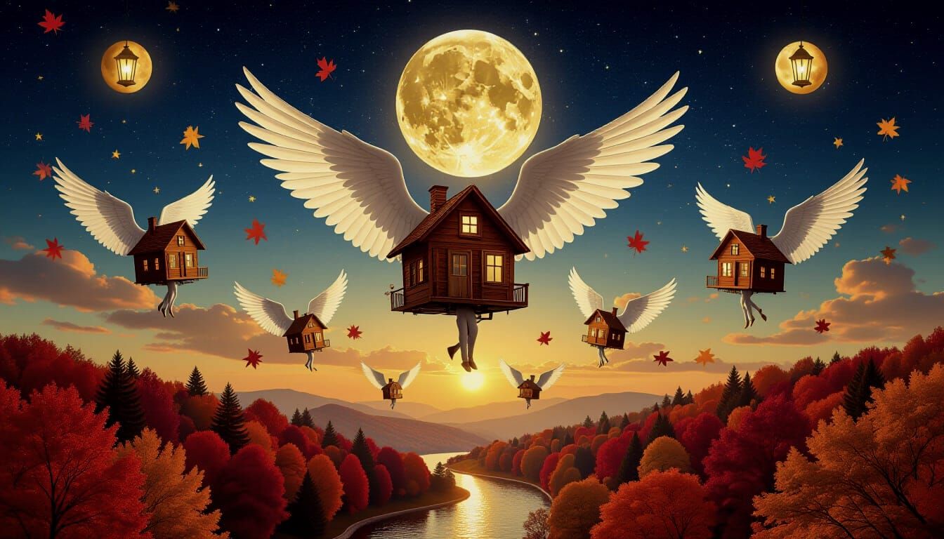 Surreal Autumn Sky with Winged Cabins and Falling Stars
