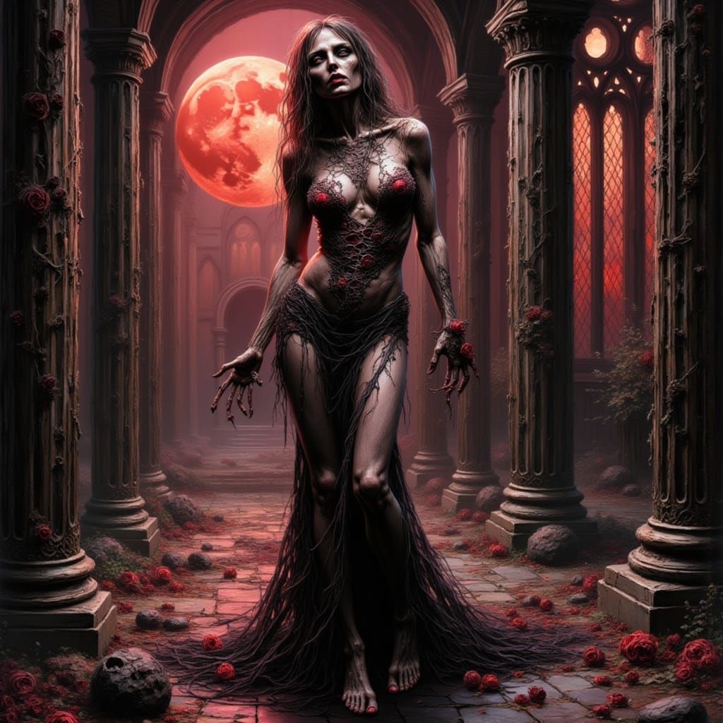 Undead Seductress in Gothic Cathedral, Impasto Painting