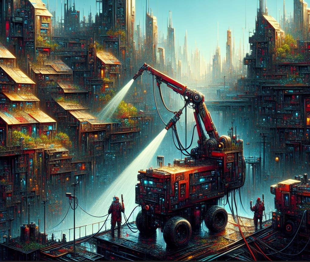 Cyberpunk Pressure Washers Cleaning Future City Buildings