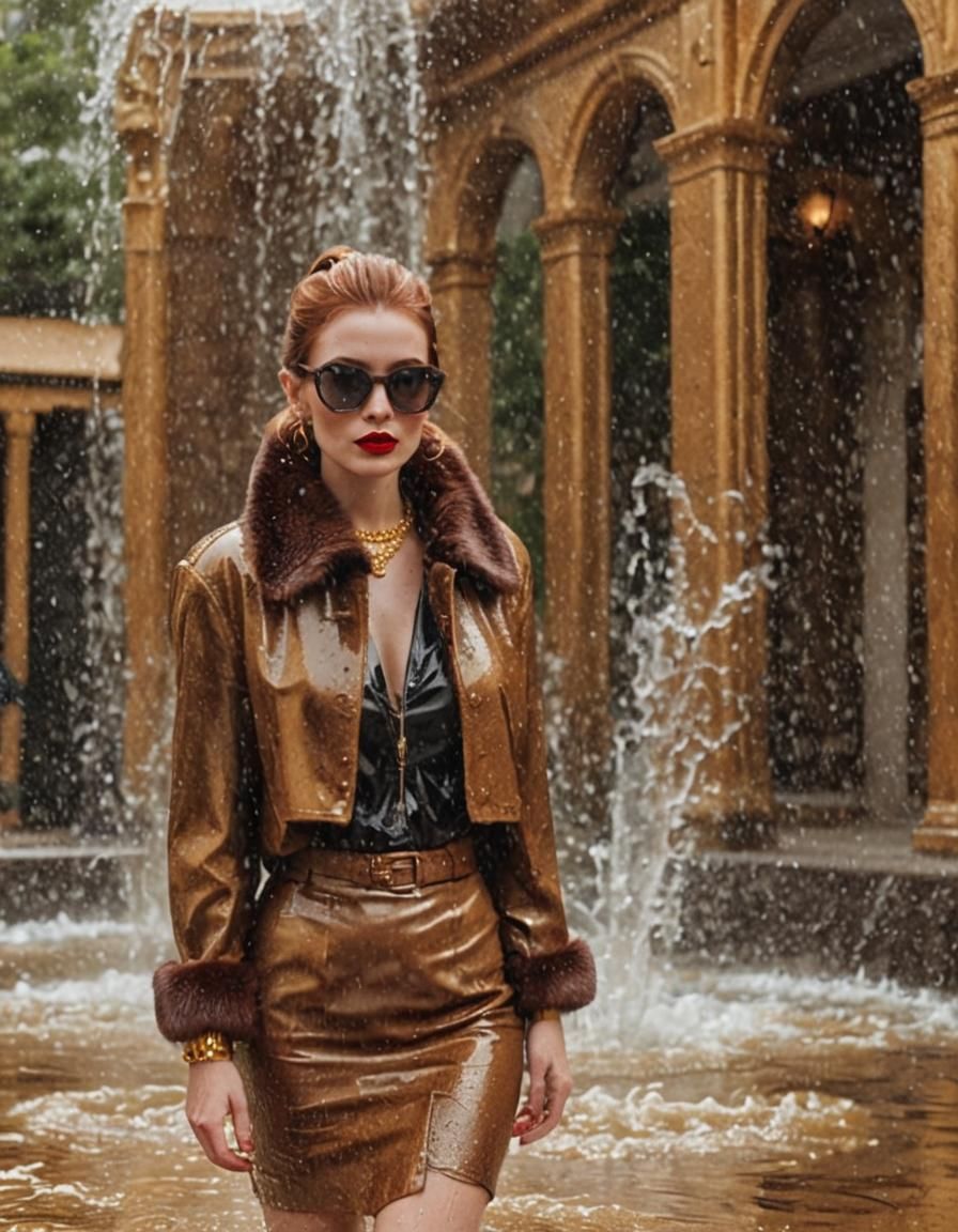 Glamorous Woman Emerging from a Water Fountain in Leather an...