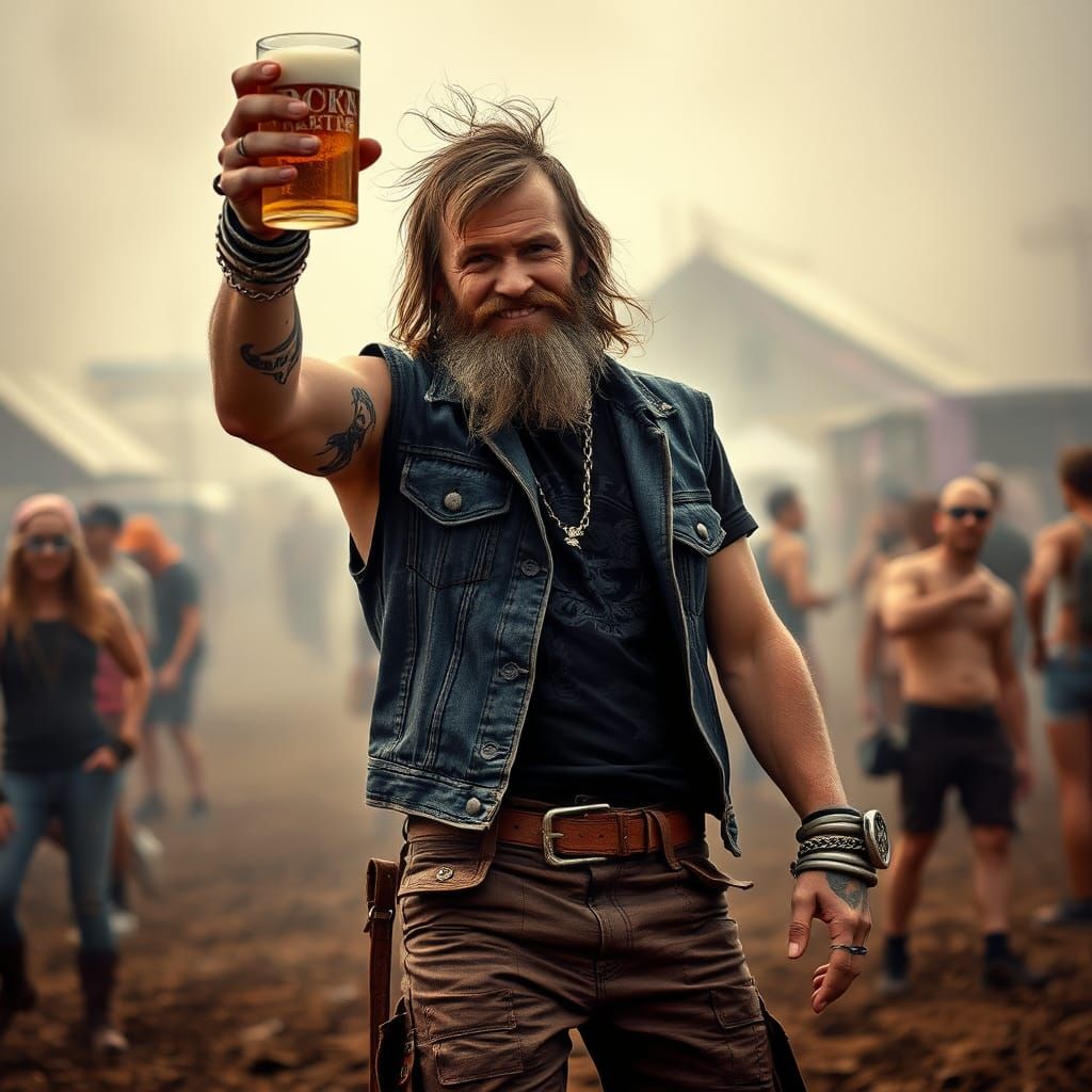 Rebellious Biker Man in Chaotic Field