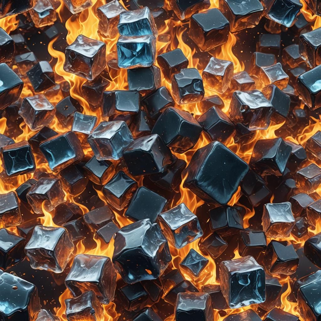 Surreal Flames Surround an Ice Cube in a Fantastical Landsca...
