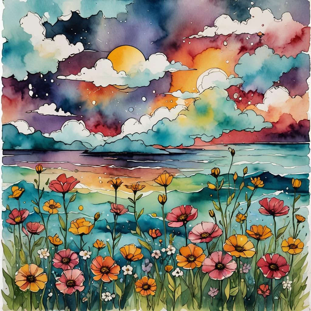 Vibrant Sunset Journal Page in Mixed Media
