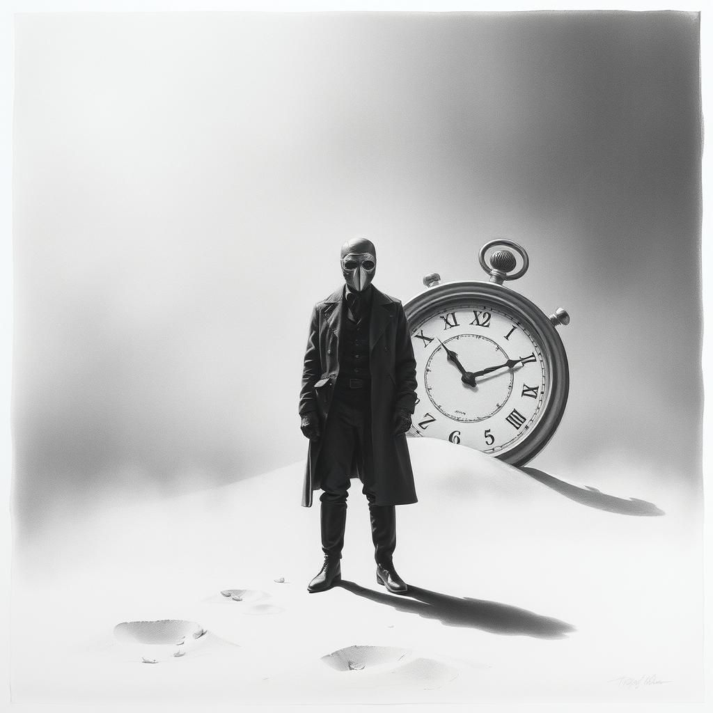 Figure in Foggy Landscape with Broken Clock