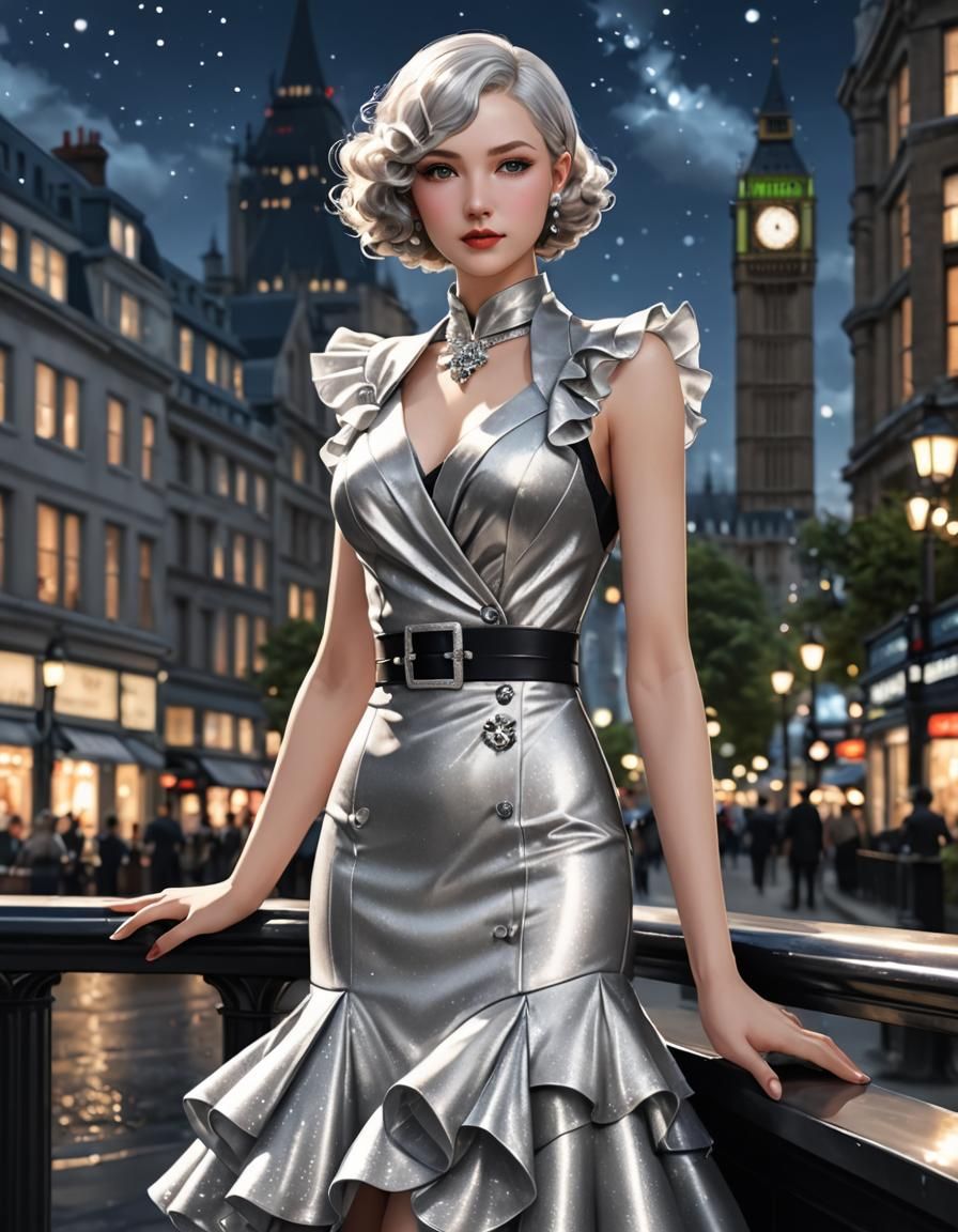 Glamorous 1930s Lady in Elegant Suit with Gem-Encrusted Top