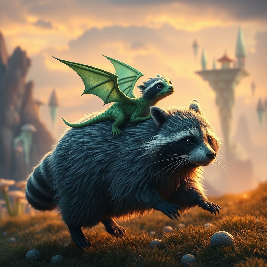 Dragon and Raccoon Ride Through Fantasy Landscape