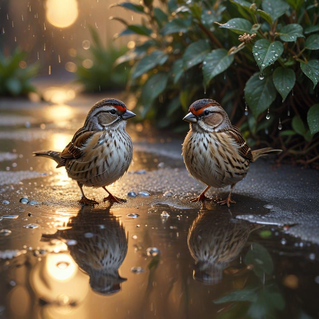 Rainy Window Scene with Sparrows Bathing in a Puddle