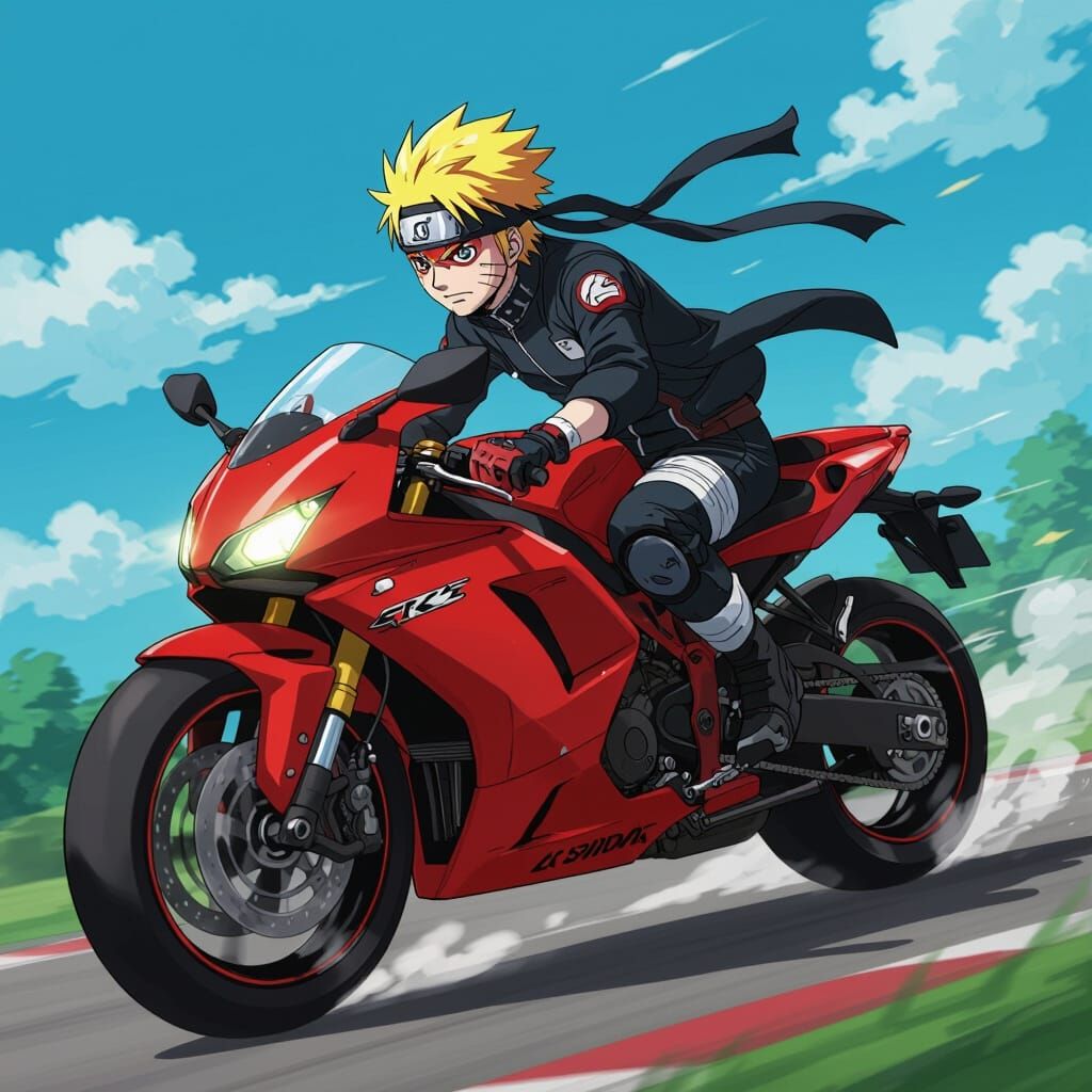 Asta on Red Ninja Motorcycle: Anime Illustration
