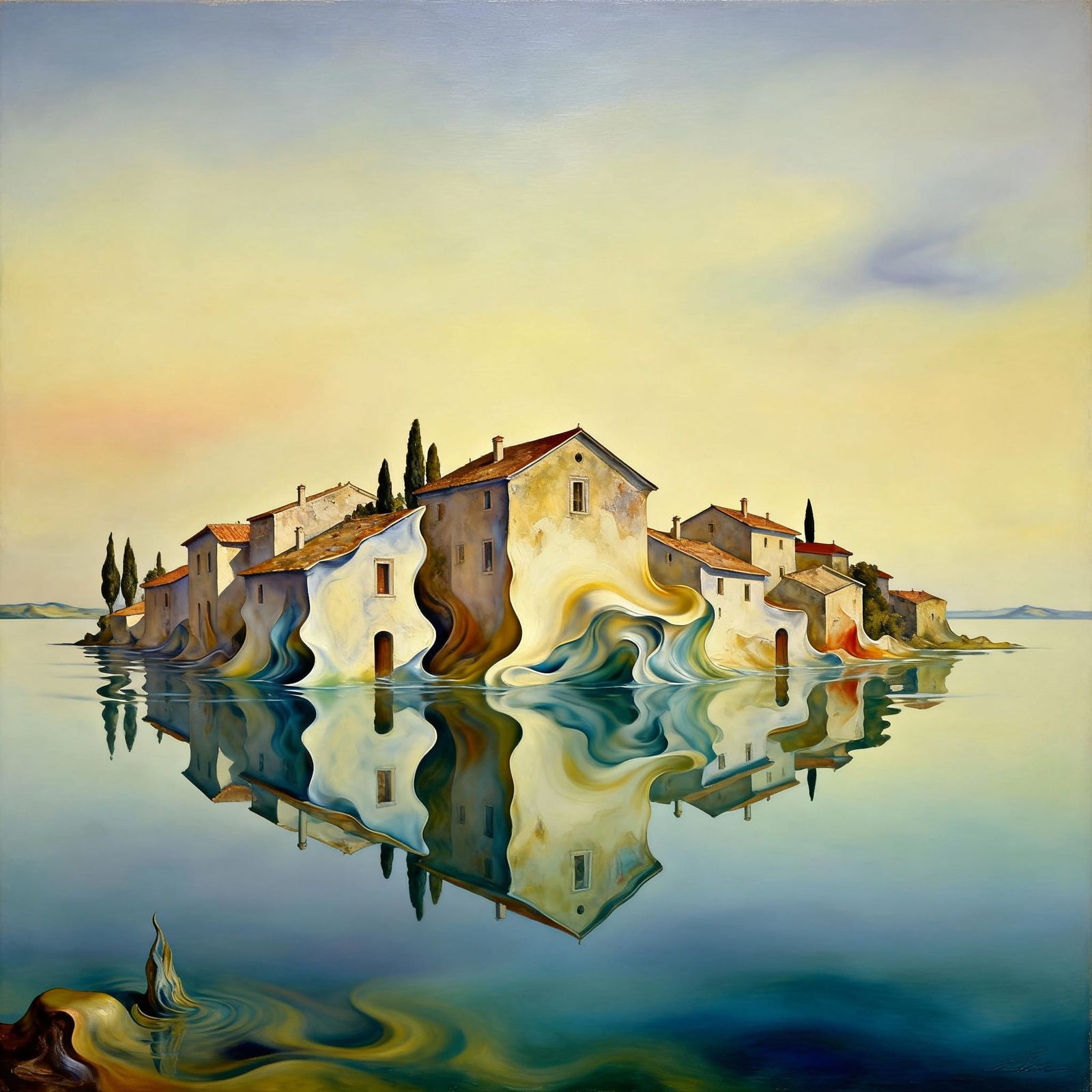 Surrealist Oil Painting of a Submerged Village by Salvador D...